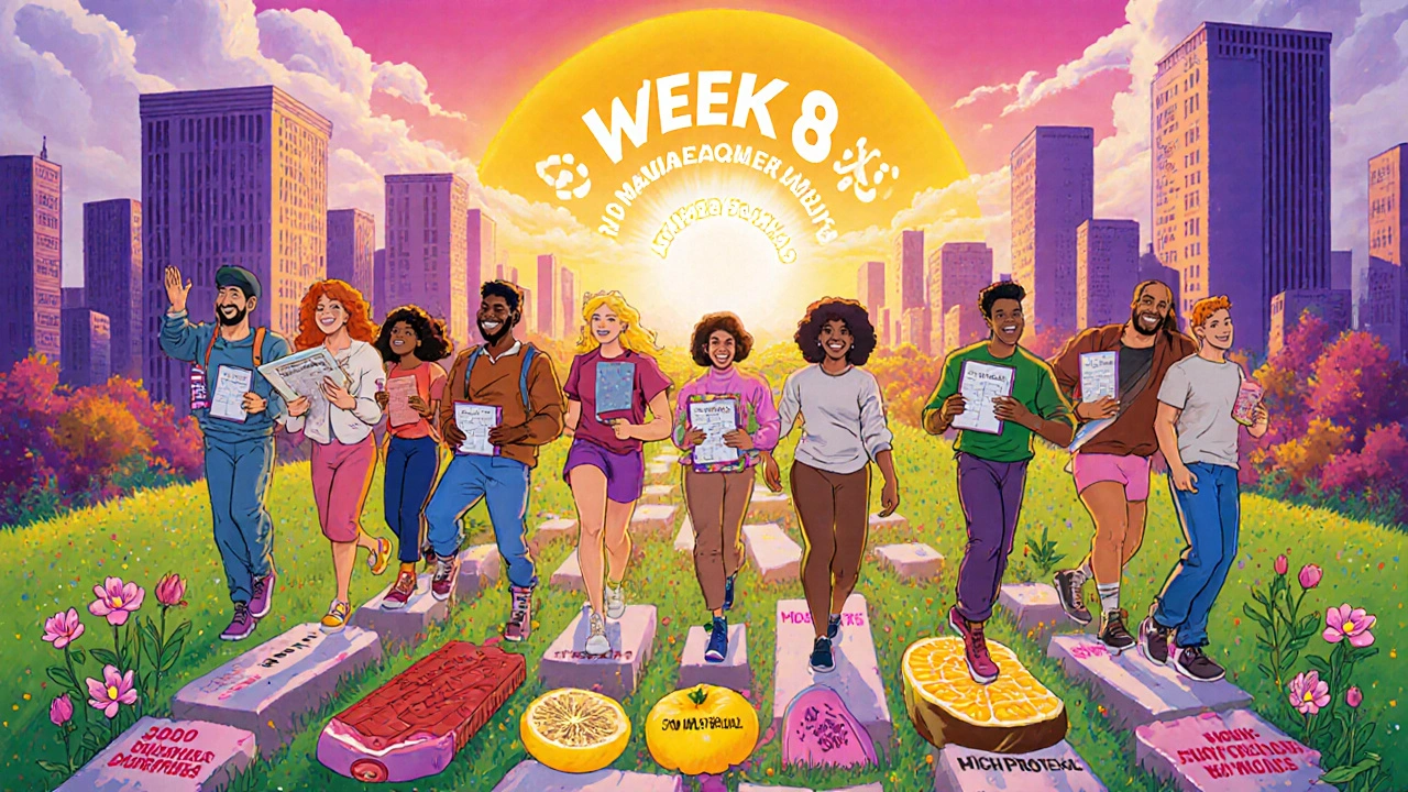 People walking on food-themed path toward sunrise, labeled with GLP-1 meal tips.