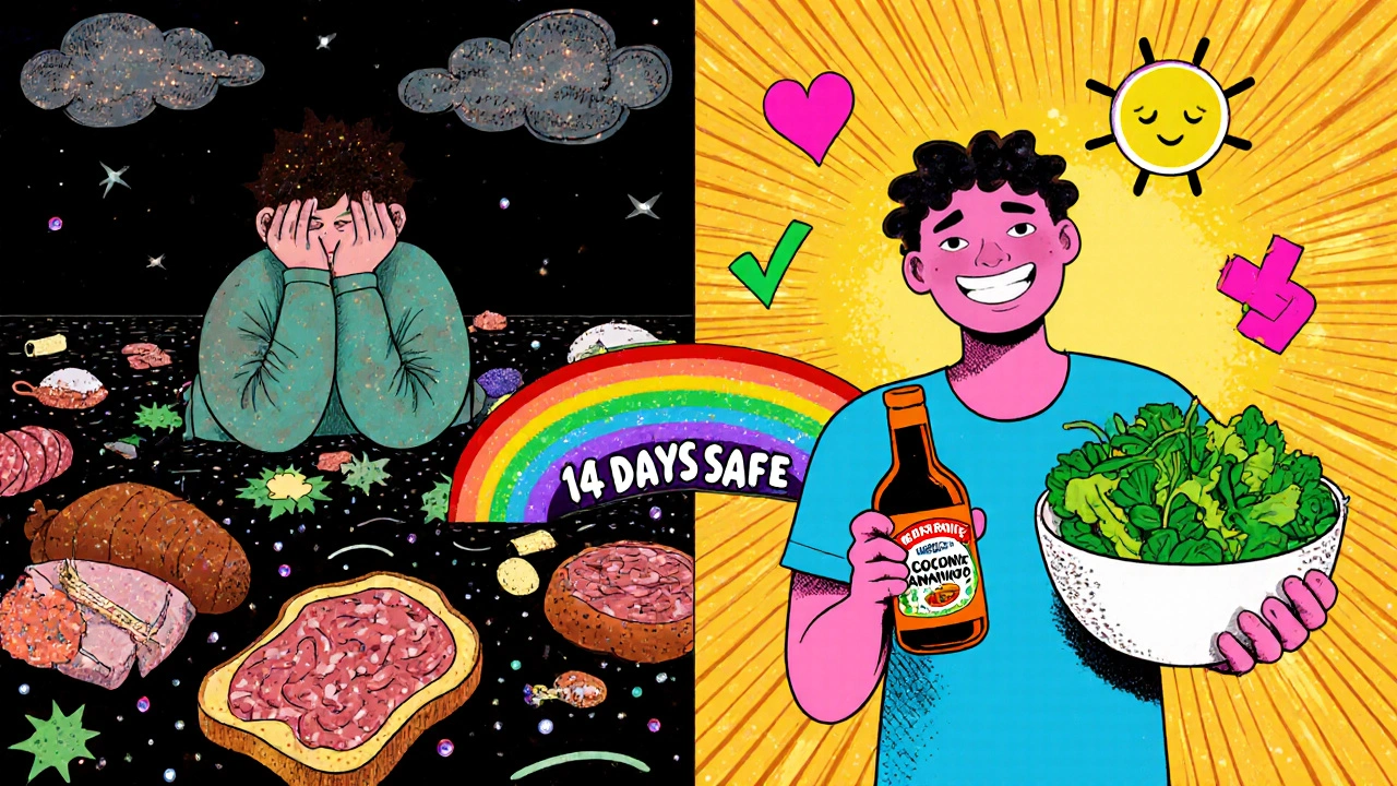 Split scene: depressed person with forbidden foods vs. happy person with safe alternatives on a rainbow bridge.