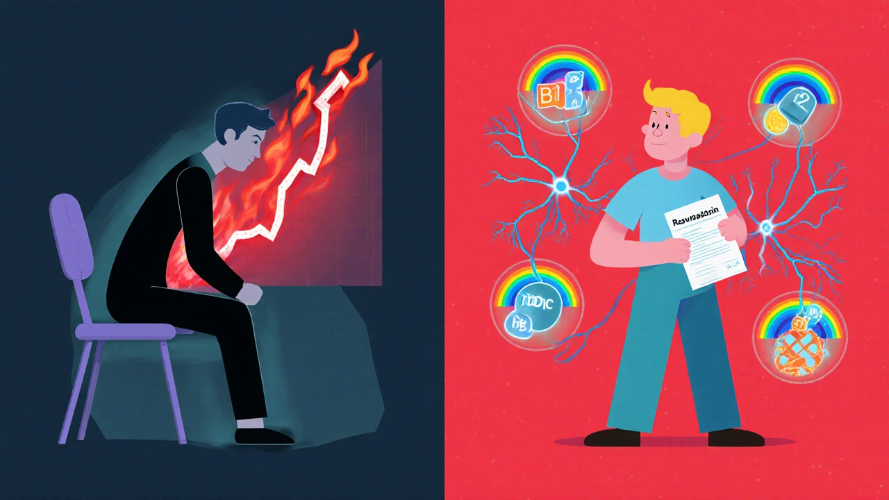 Split scene: muscle weakness vs. healthy nerves with alternative meds and nutrient icons.