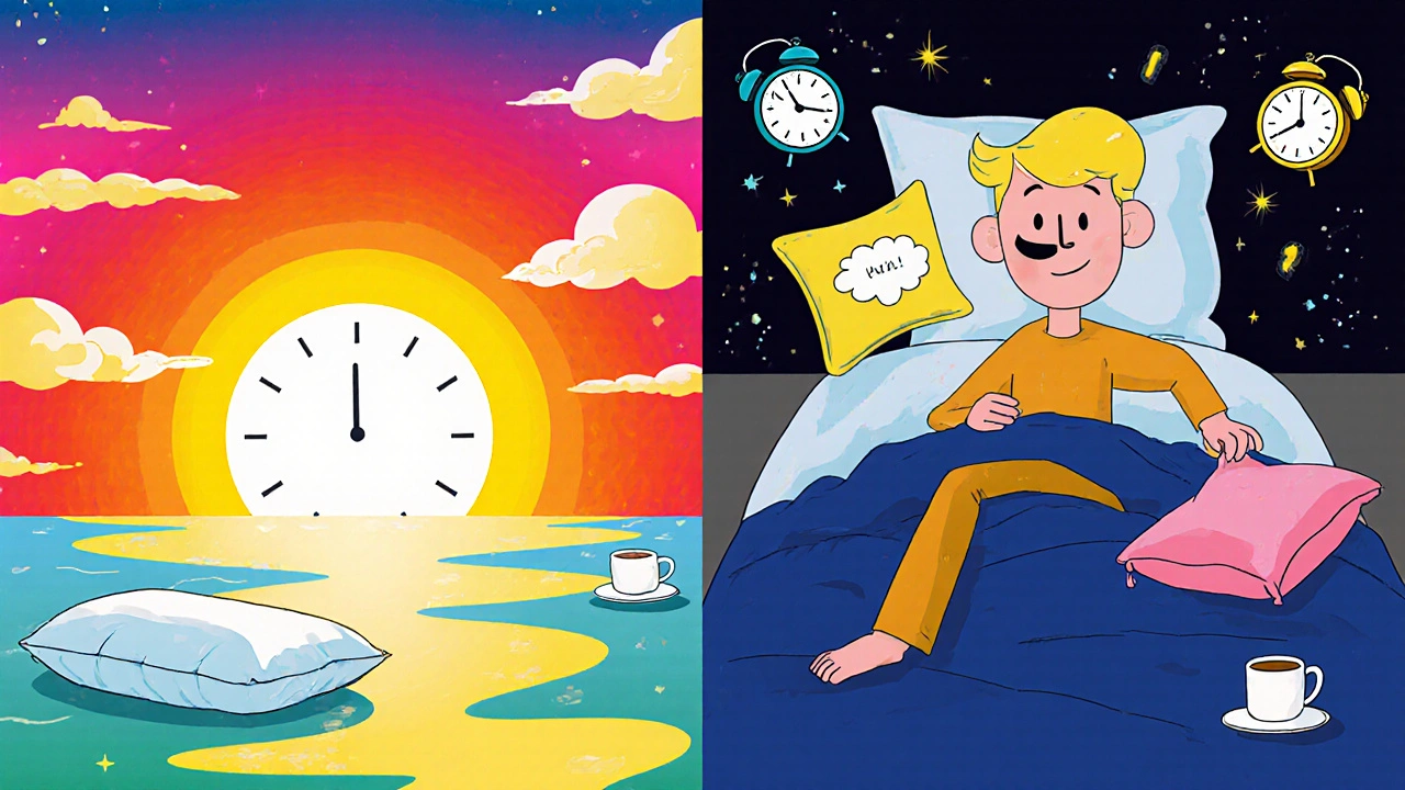 Split scene: one side shows a person waking consistently at sunrise, the other shows them lying in bed with floating clocks and coffee cups.