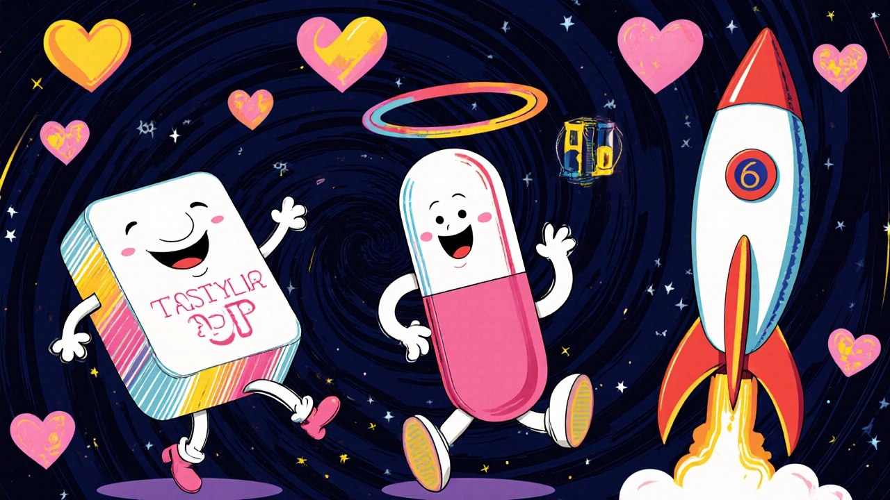 Tastylia, Cialis, Viagra, and Stendra depicted as playful characters in a vibrant 1960s-style cosmic scene.