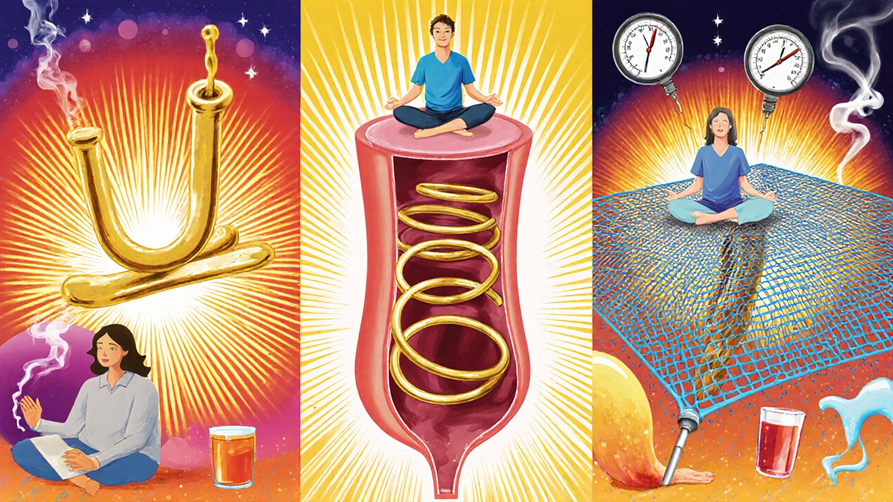 Three medical treatments for aneurysms illustrated as radiant, colorful interventions with peaceful patients above.