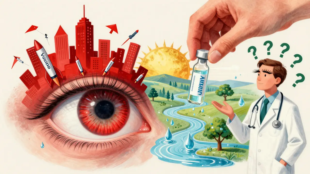 A bloodshot eye city under attack by redness drops, with a peaceful hydrated valley and a preservative-free vial falling like a dove.