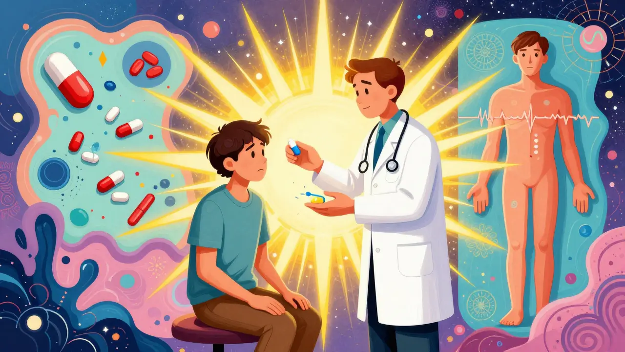 A doctor and pharmacist radiating calm energy as they hand a patient a generic pill, transforming worry into peace with cosmic light.