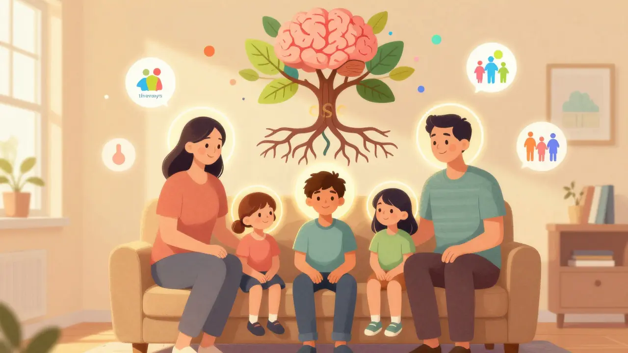 A family gathered calmly around a teenager, with a brain-shaped tree and glowing icons representing coordinated care.