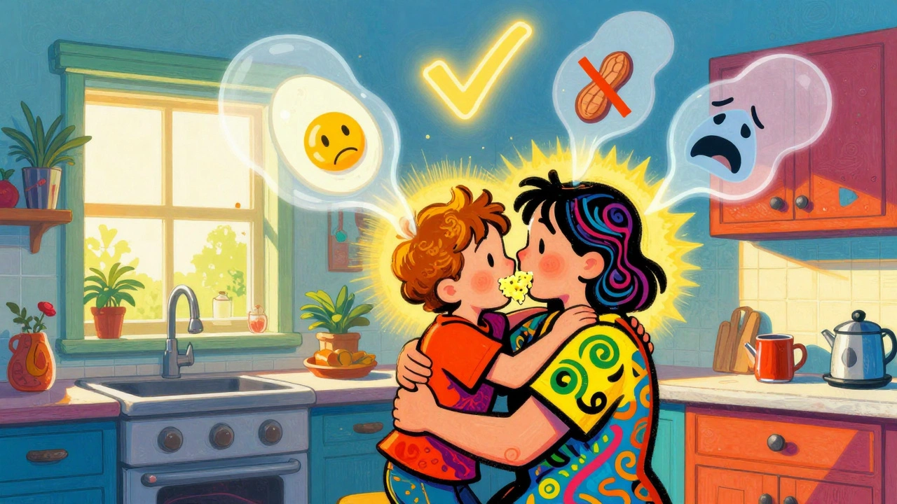 A family hugs in a sunny kitchen as the child eats eggs, with fading fears dissolving into colorful smoke and a golden checkmark above.