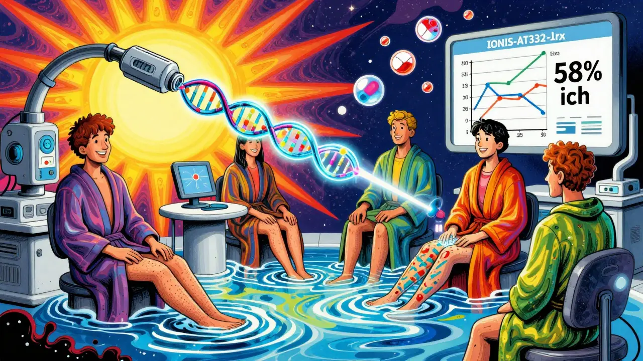 A futuristic lab severs the autotaxin-LPA pathway with a laser, patients smiling as their itch turns to calm waves.