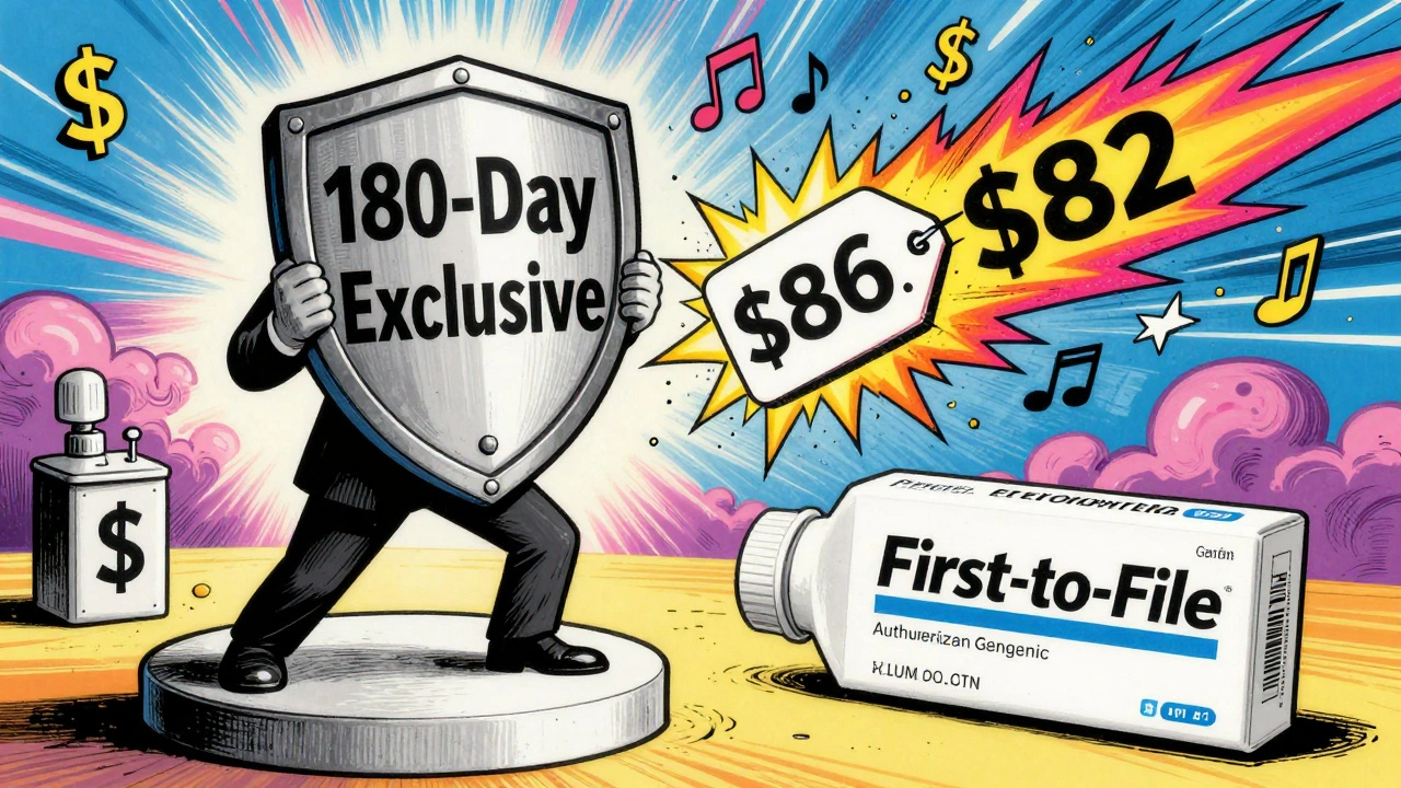 A generic drug company on a pedestal with exclusive rights, while another colorful generic crashes in, lowering the price with rainbow energy.