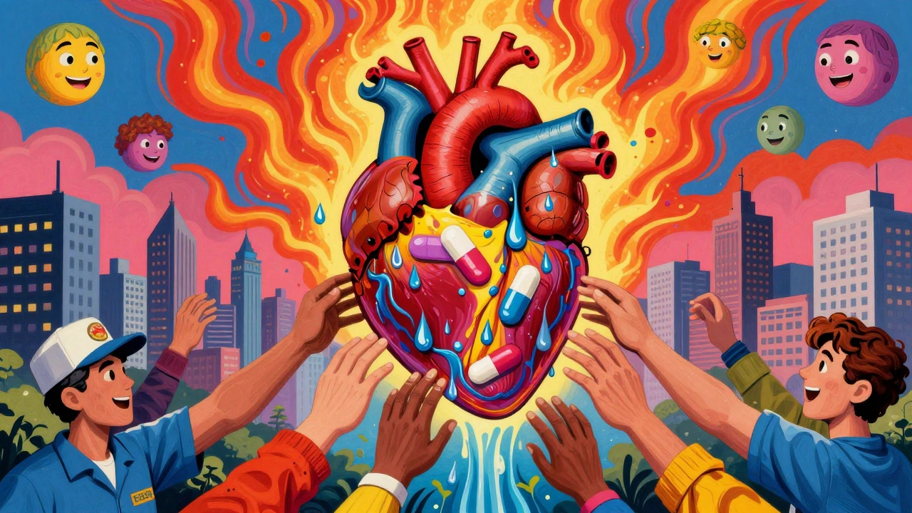 A giant heart with pills and water streams, surrounded by hands offering help during a heatwave.