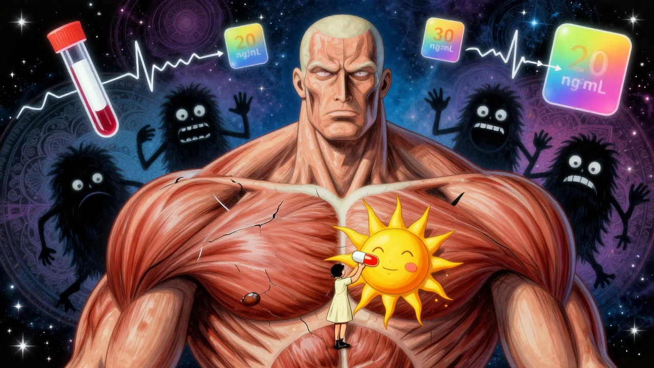 A giant muscle being healed by sun-like figures with vitamin D capsules, while statin monsters retreat in a cosmic setting.