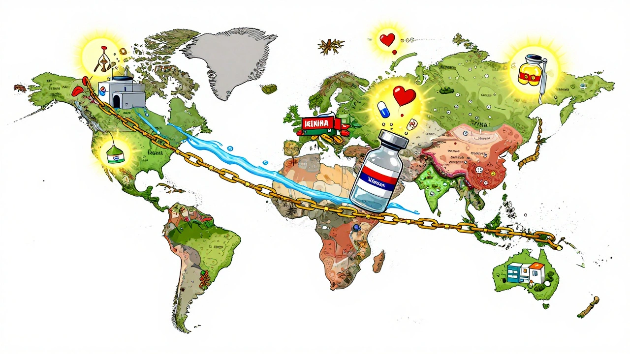 A global map made of medicine vials, with chains dragging poor nations while colorful generic pills flow from India and China to lift up clinics.