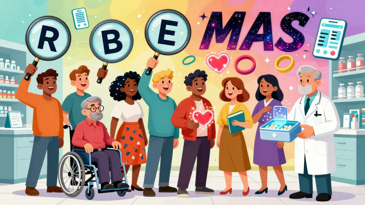 A group of people in a vibrant pharmacy scene with giant legible labels, smart pill boxes, and app icons glowing in psychedelic light.