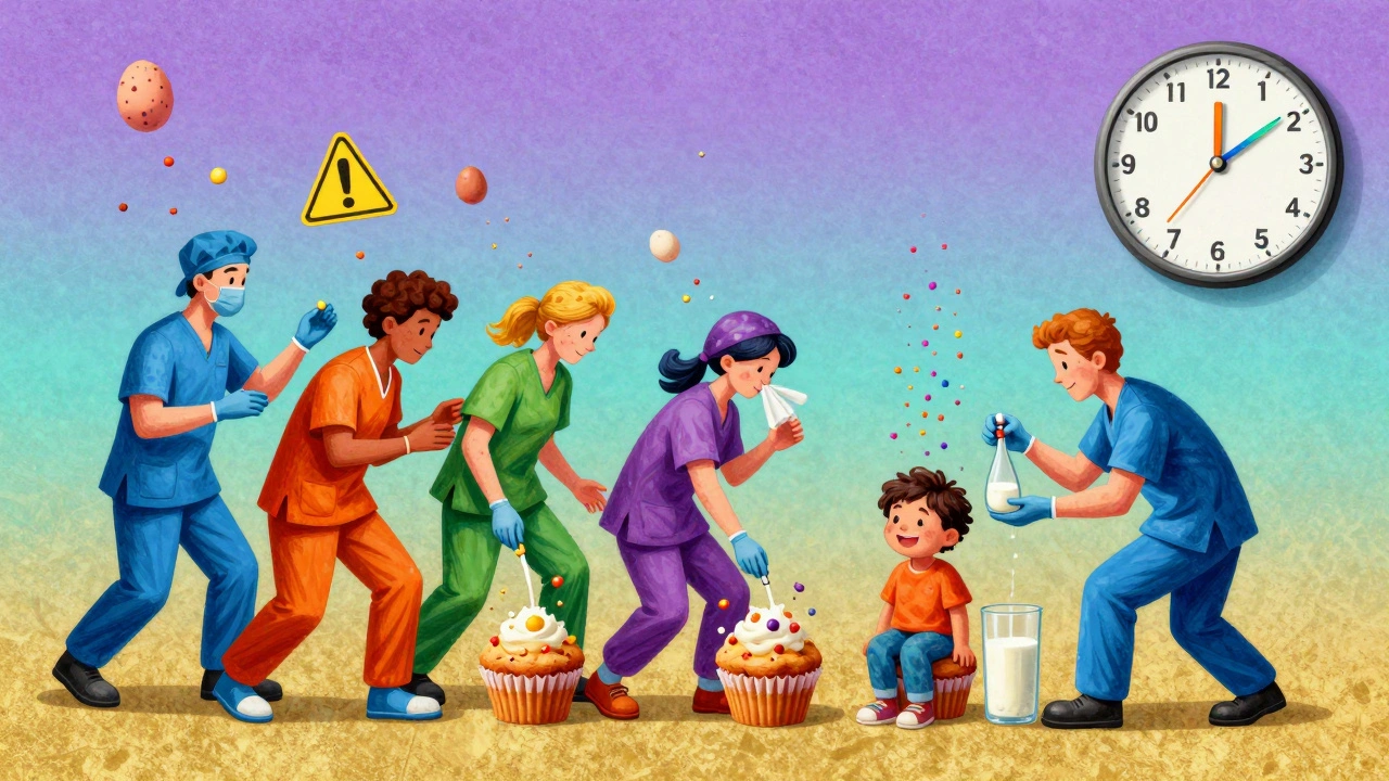 A medical team gives hidden food doses to a child as floating symptoms turn into confetti, under a rainbow-timed clock.