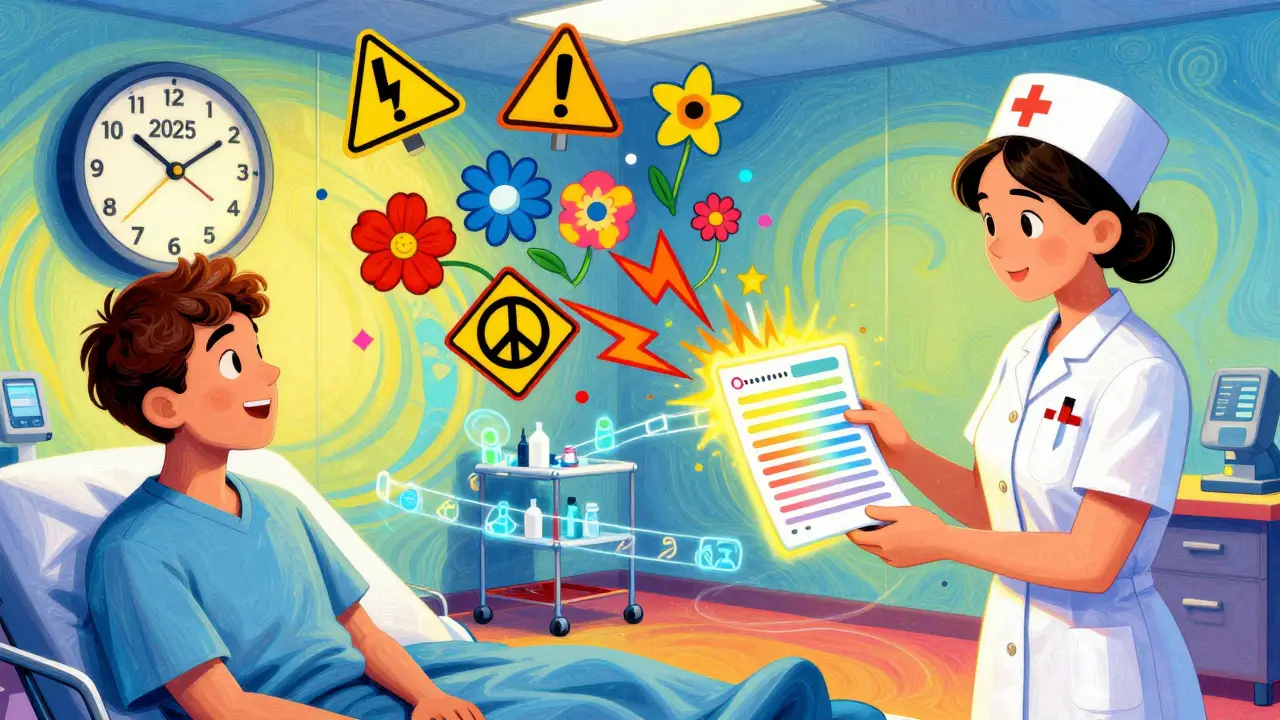 A patient giving a glowing medication list in an ER, with warning signs turning into flowers.