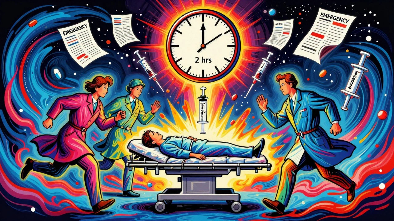A patient in an emergency room surrounded by swirling serotonin energy as medical staff rush to help.
