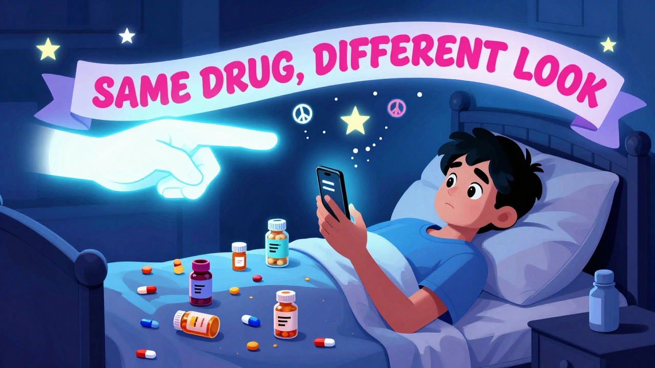 A patient in bed surrounded by pill bottles, looking at a phone app, with a glowing banner saying &#039;SAME DRUG, DIFFERENT LOOK&#039;.