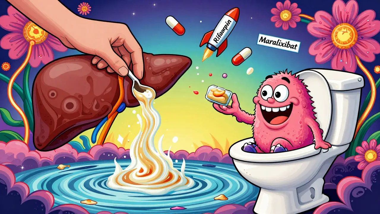 A patient mixing cholestyramine with apple sauce as bile acids vanish into a toilet, with colorful treatment pills floating nearby.