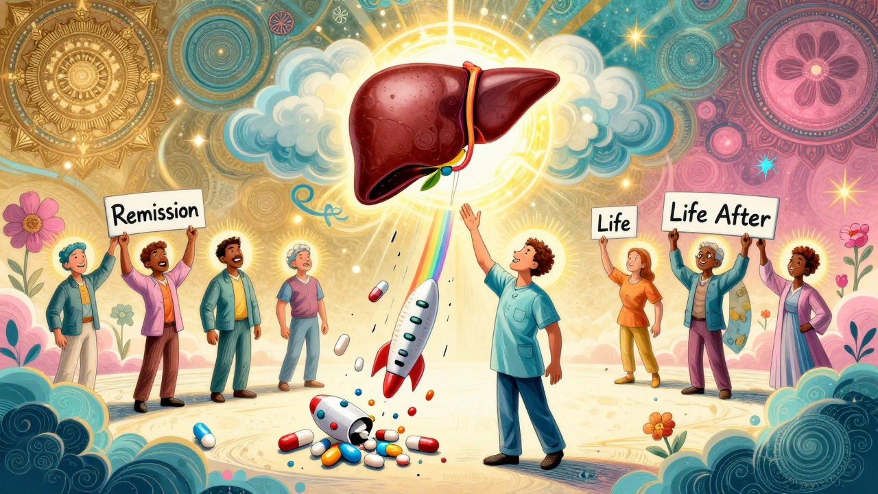 A patient reaching for a glowing new liver descending from clouds, with dissolving pills and rainbows in the background.