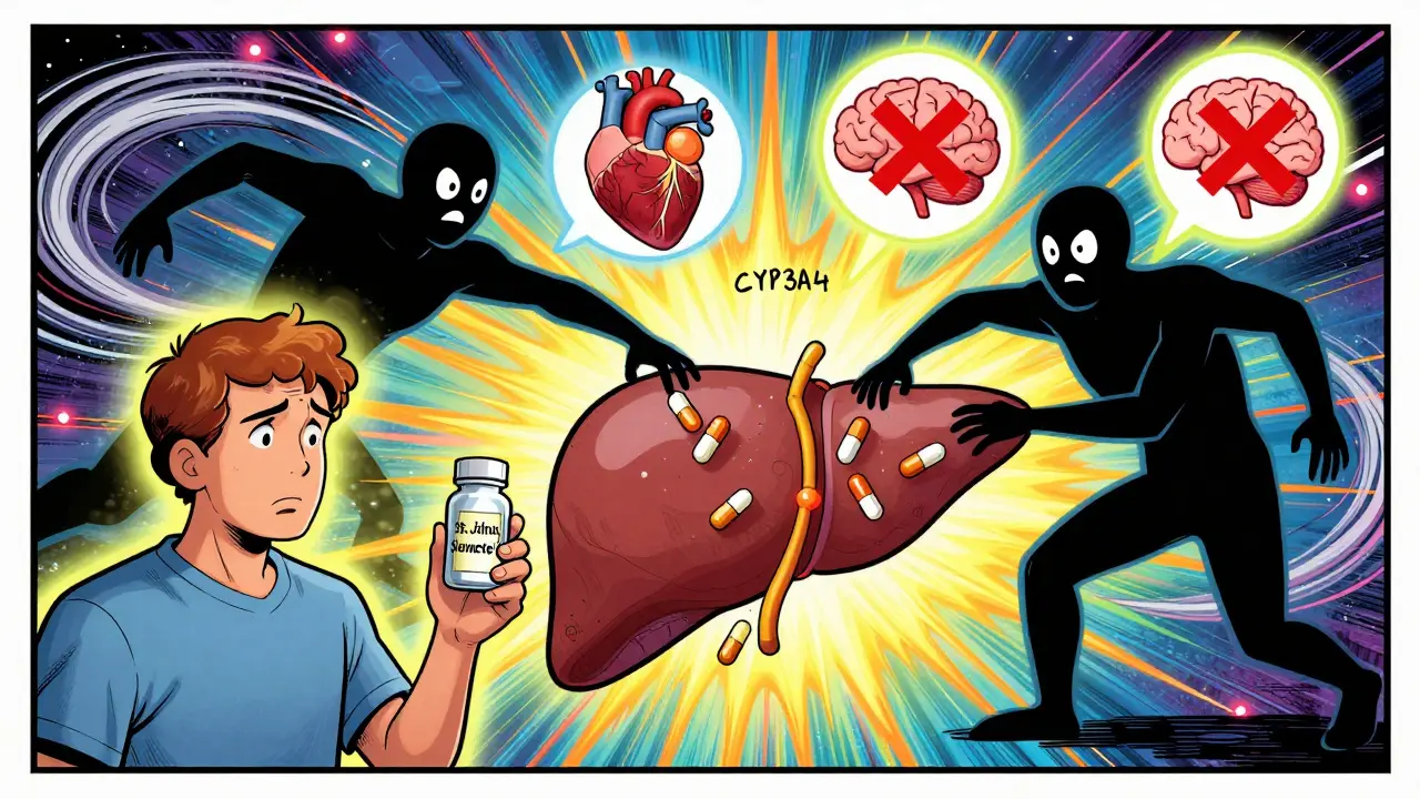 A patient with enzyme figures shoving medication out of their body, surrounded by warning icons in vibrant cartoon style.