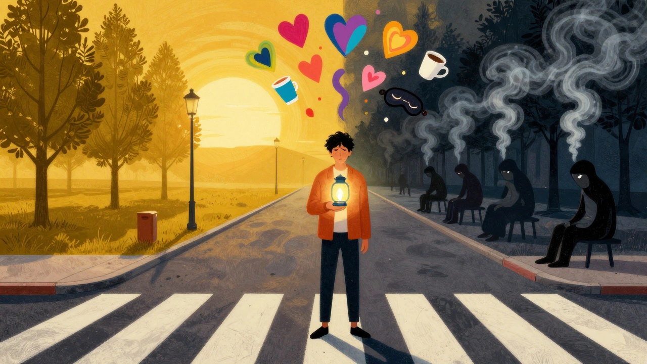 A person at a crossroads choosing a smoke-free life, holding a glowing pill amid symbolic elements of recovery.