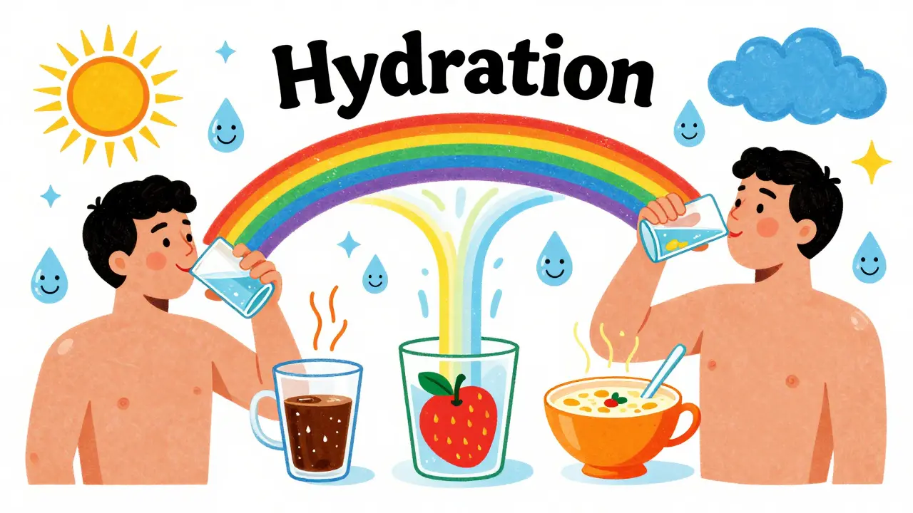 A person hydrated by diverse foods and drinks, illustrated in rainbow streams with cheerful elements.