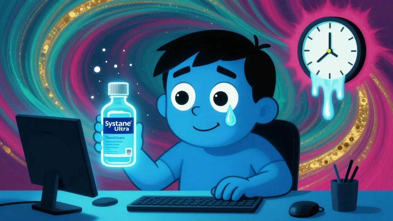 A person with glowing eyes at a computer, surrounded by floating tear bottles and digital fatigue symbols in vibrant Peter Max style.