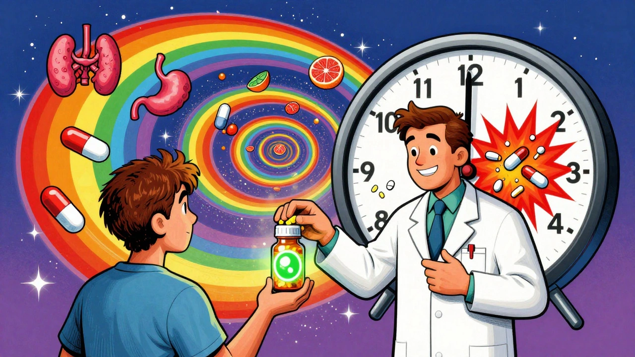 A pharmacist gives a pill bottle with a green food-time sticker, while floating medical icons swirl in rainbow patterns around them.