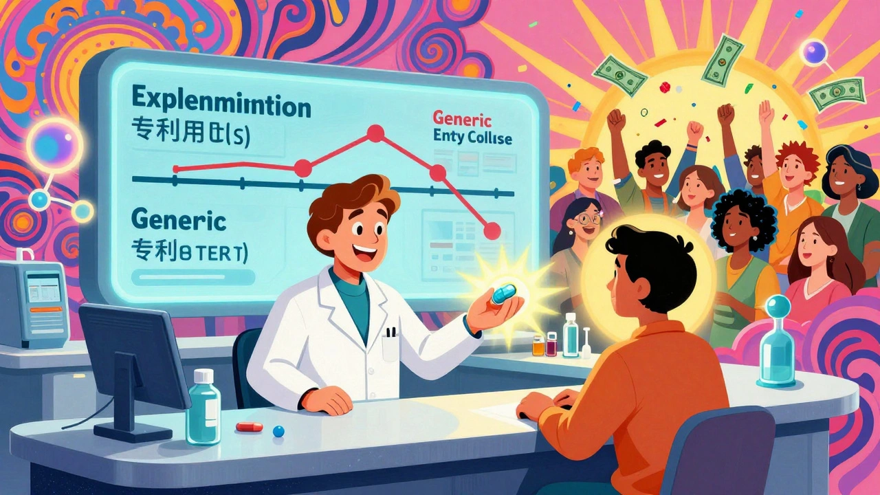 A pharmacist handing a generic pill to a patient, with a holographic timeline showing price drops and joyful crowds in vibrant 60s-style patterns.