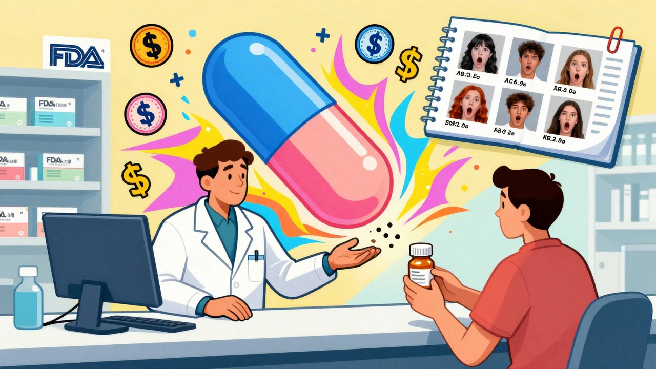 A pharmacy scene with a pill changing colors in a psychedelic burst, surrounded by trademark symbols and a photo album of pill versions.