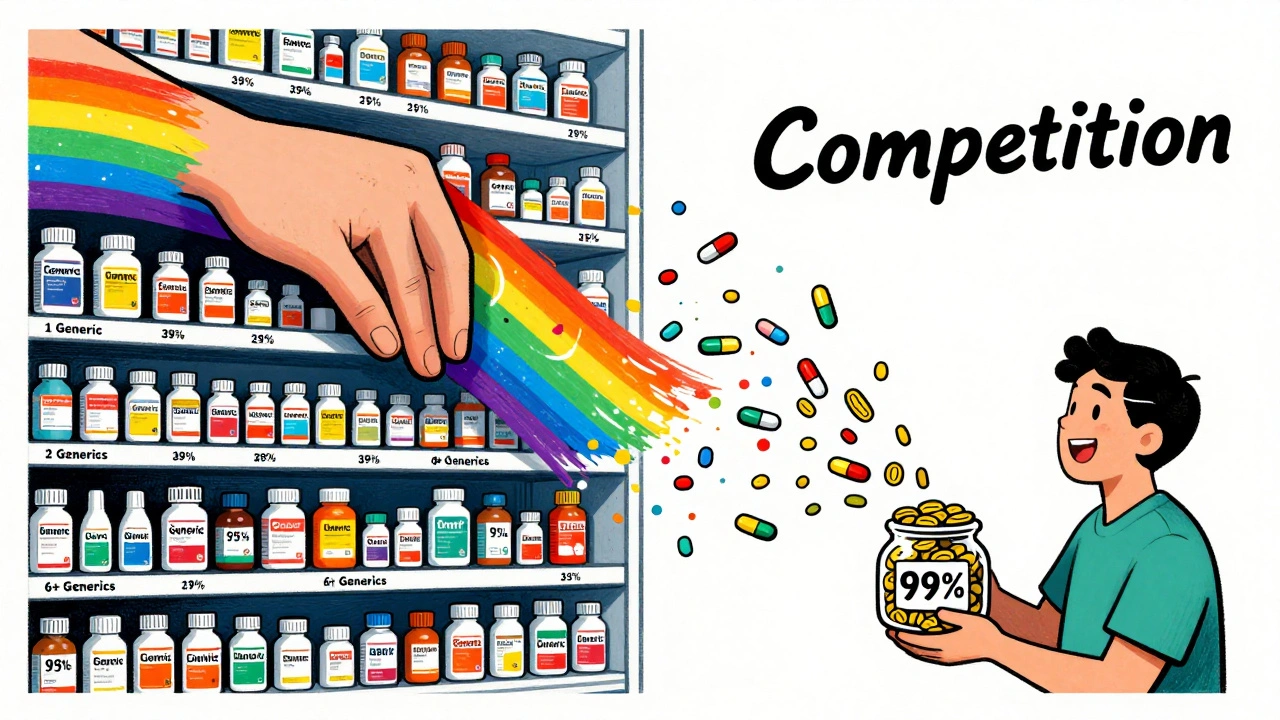 A pharmacy shelf with increasing numbers of generic pills, prices dropping dramatically as a cosmic hand of competition sweeps across.