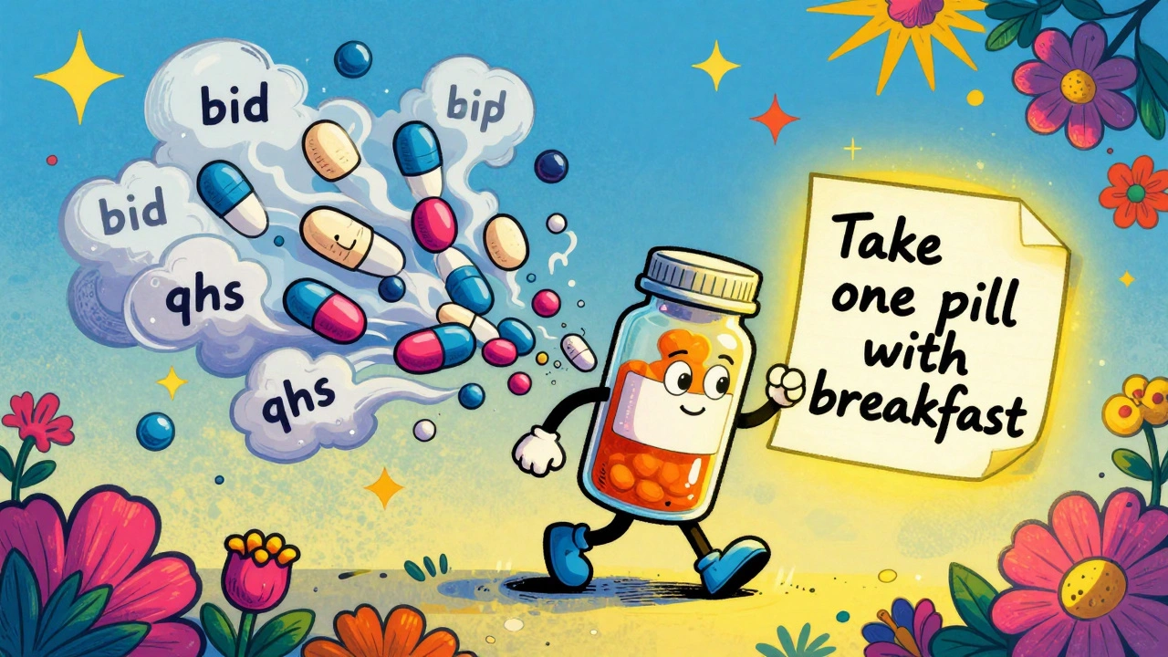 A pill bottle walks away from confusing medical abbreviations as simple instructions glow warmly beside it.