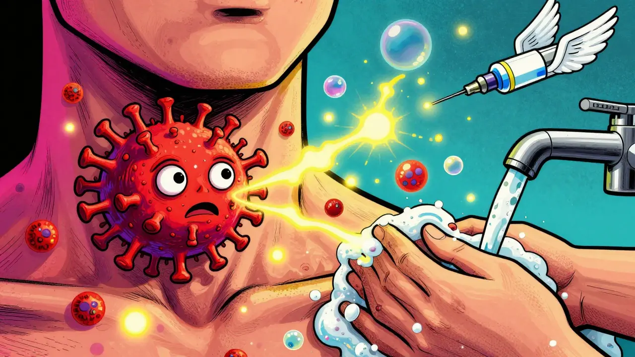 A strep virus triggers glowing immune molecules that cause psoriasis spots, with handwashing and flu shots in background.
