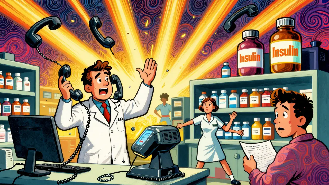 A stressed pharmacist surrounded by distractions and drug bottles close together, with Tall Man lettering glowing in neon colors.
