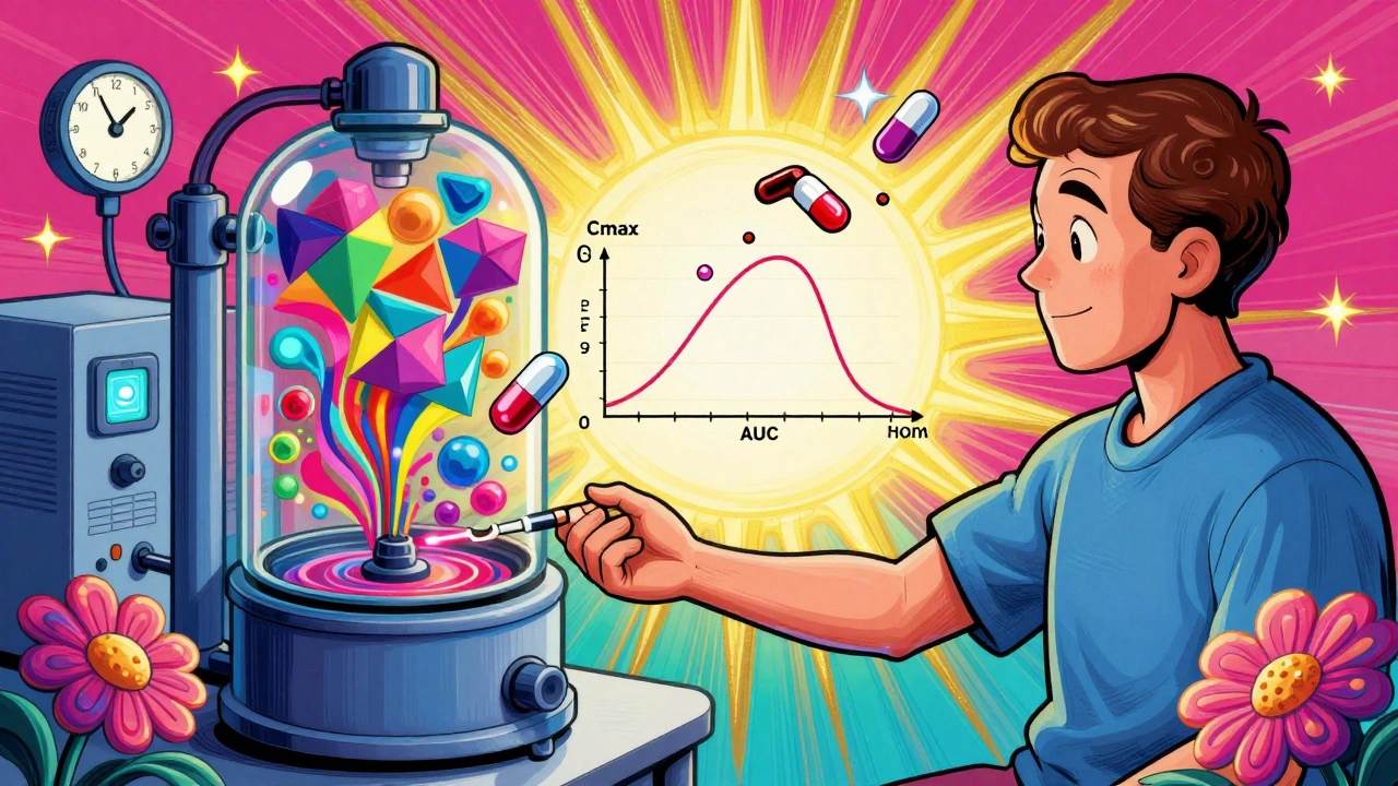 A volunteer&#039;s arm connected to a swirling centrifuge producing abstract Cmax and AUC curves made of glowing drug molecules.