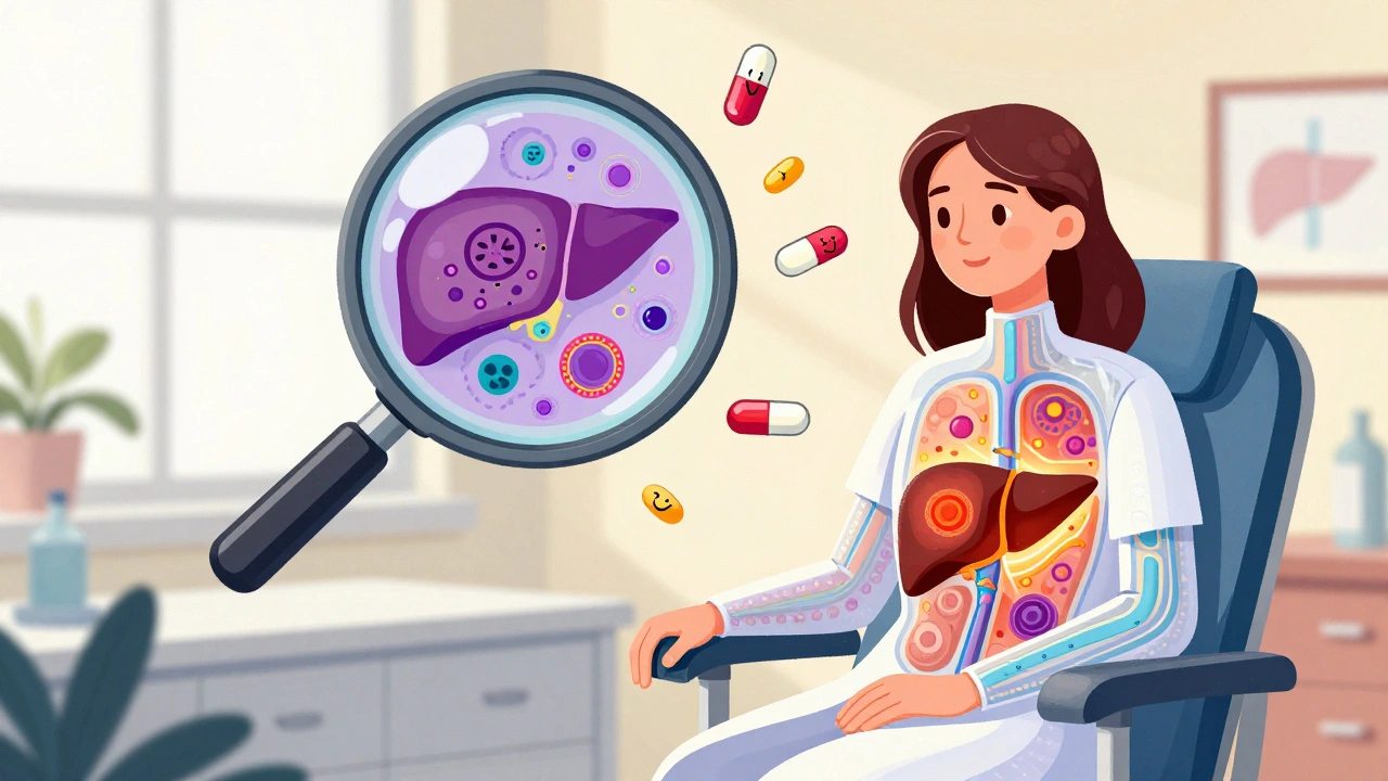 A woman with a translucent liver showing inflammation, surrounded by smiling medication pills in a vibrant doctor's office.