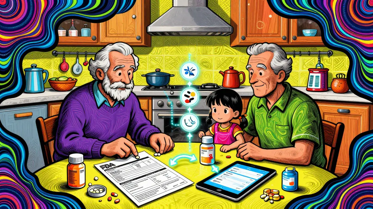 An elderly man and granddaughter organizing meds at a kitchen table with paper and digital tools.