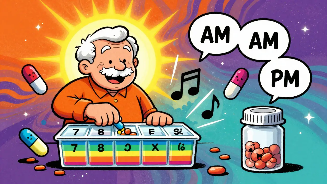 An elderly person filling a rainbow-striped pill organizer with a glowing talking dispenser nearby, surrounded by friendly pill shapes.