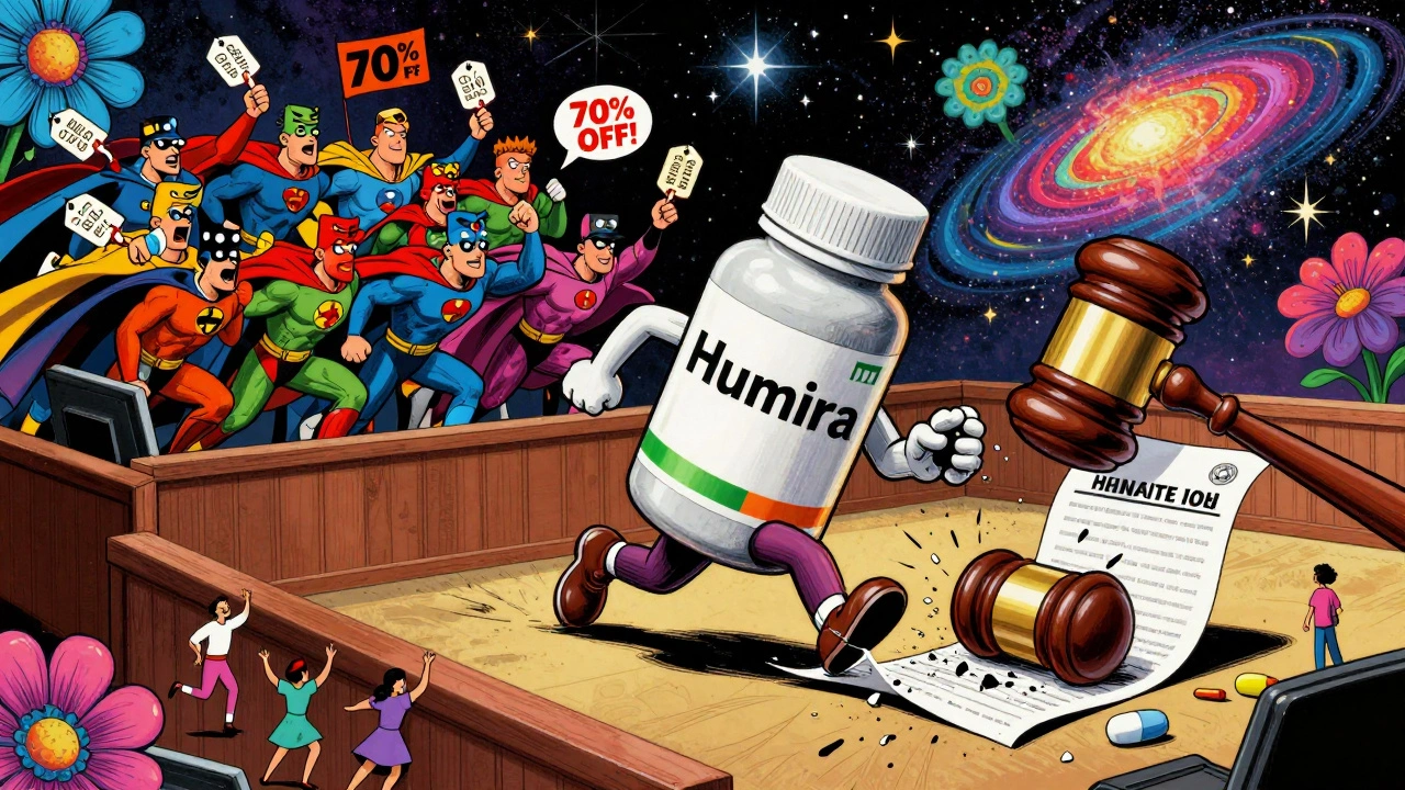 Brand-name drug chased by generic superheroes in a psychedelic courtroom, with price tags as capes.