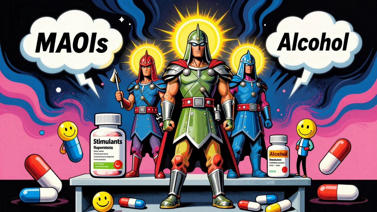 Bupropion pills on a shelf with warning signs for interacting drugs, depicted in vibrant pop art style.