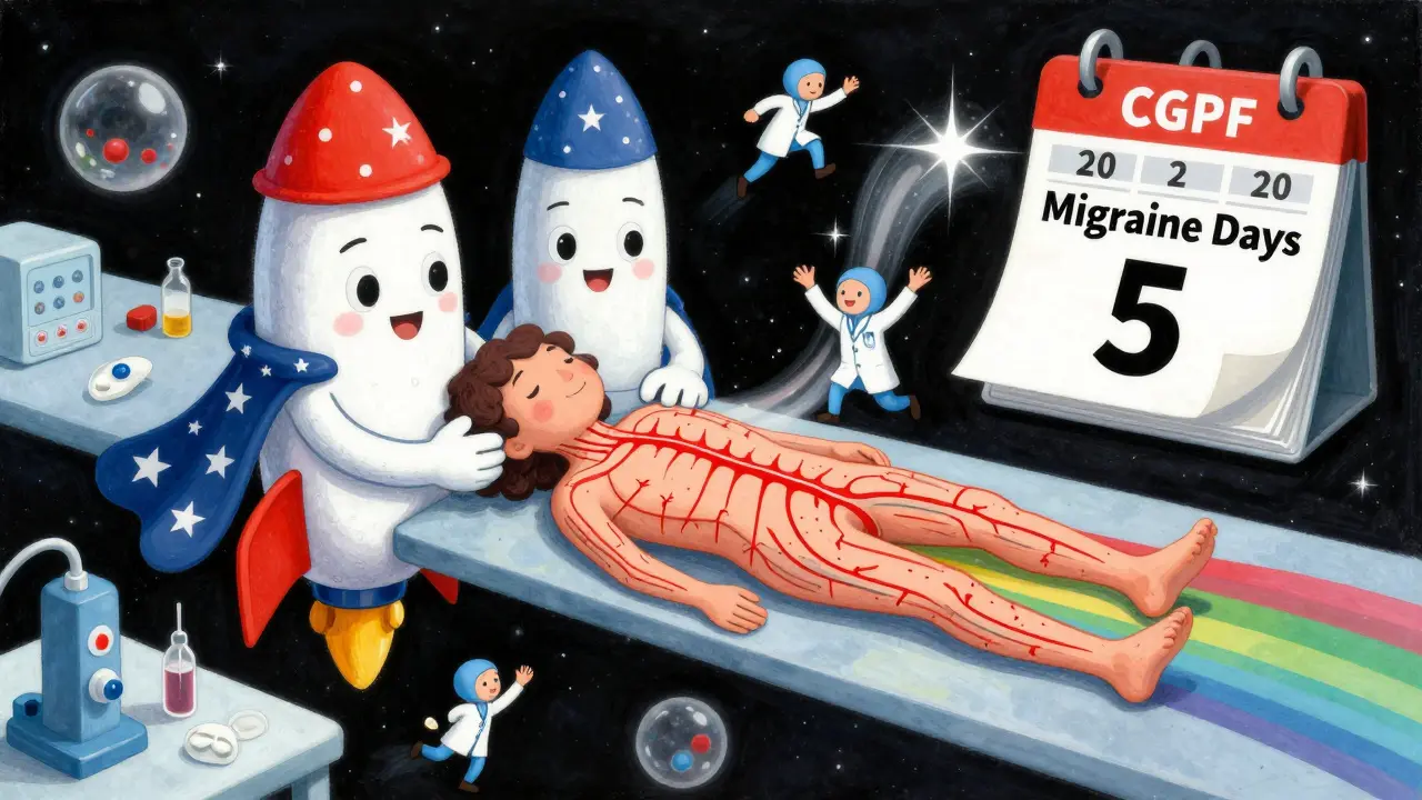Cartoon antibodies and geppant rockets hugging a nervous system, turning pain into rainbow ribbons, with doctors cheering in space.