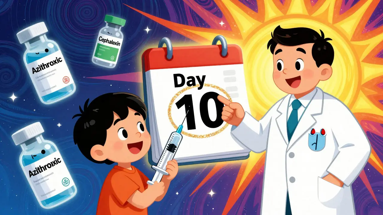 Child using a dosing syringe with pharmacist guiding them, colorful antibiotic bottles with expiration calendar nearby.