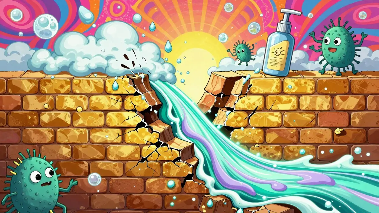 Cracked skin barrier being repaired by glowing moisturizer, while harmful elements retreat, in vibrant psychedelic style.