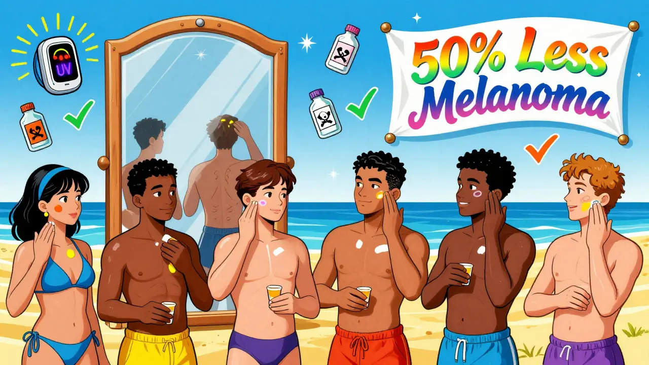 Diverse people reapplying sunscreen at the beach with a floating mirror showing unprotected skin and a UV monitor alerting them in bright, psychedelic tones.