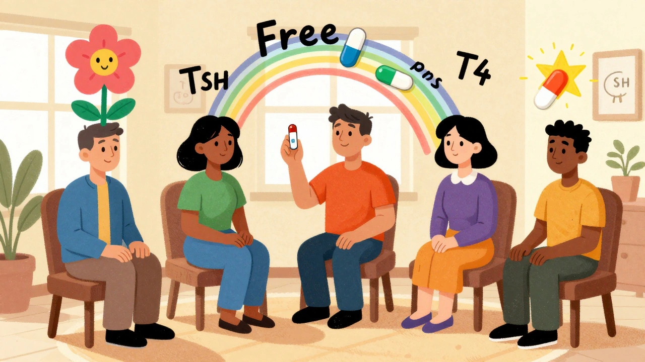 Diverse people surrounded by abstract symbols of thyroid treatment and monitoring in psychedelic style.