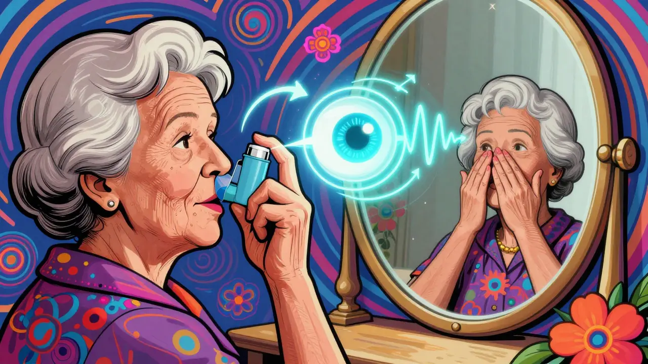 Elderly woman filming inhaler use with a glowing AI avatar giving feedback through neon arrows and waves.