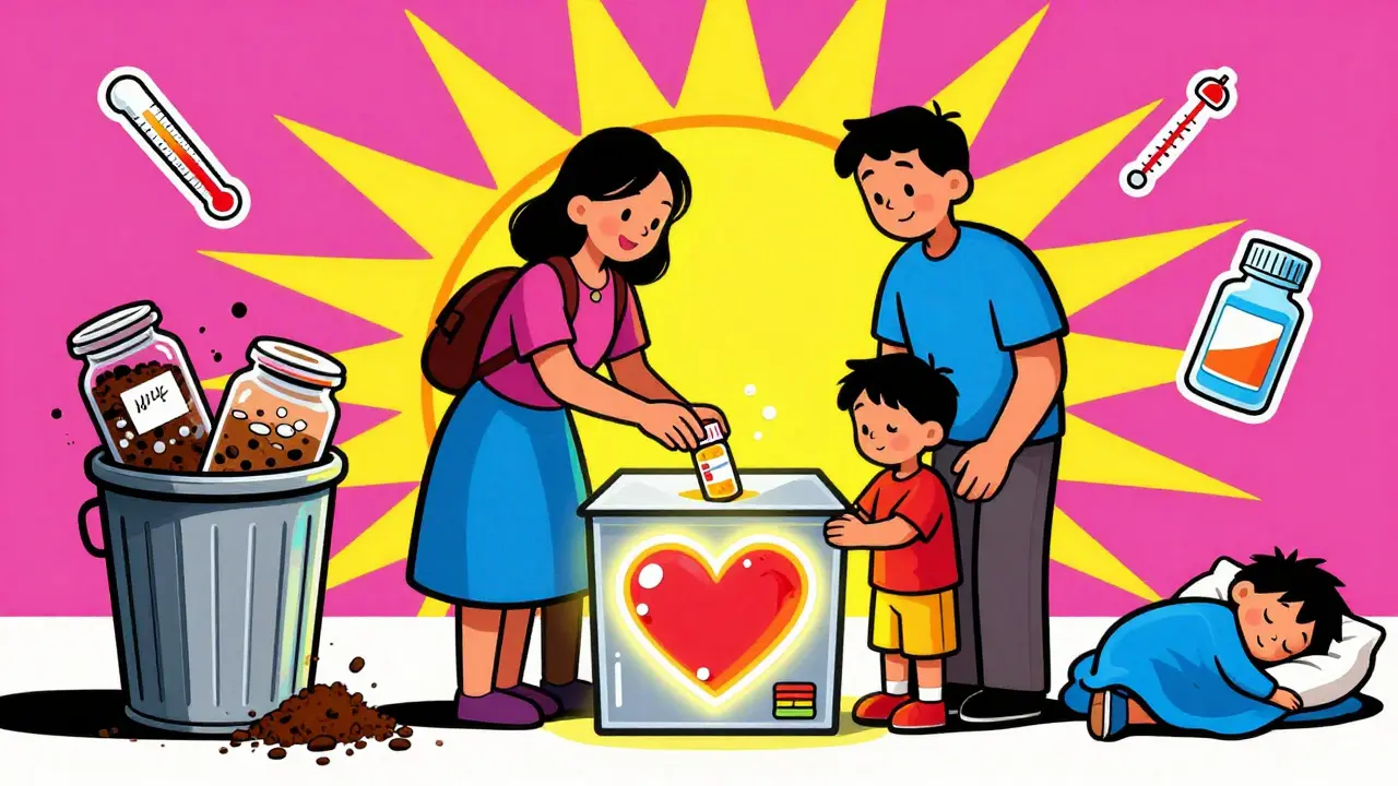 Family disposing of expired medicine in a heart-shaped take-back box, surrounded by safety icons and a rising sun.
