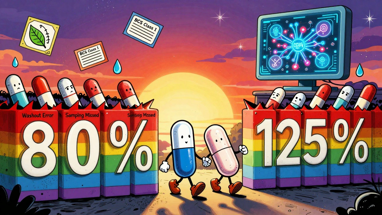Generic and brand pills walking through a rainbow approval gate marked 80%-125%, with failed studies blocked behind them.