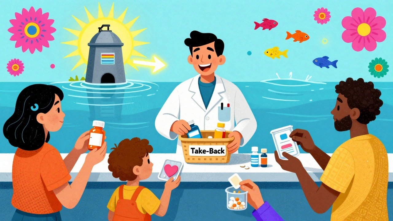 People happily donating expired medicines at a colorful pharmacy take-back station.