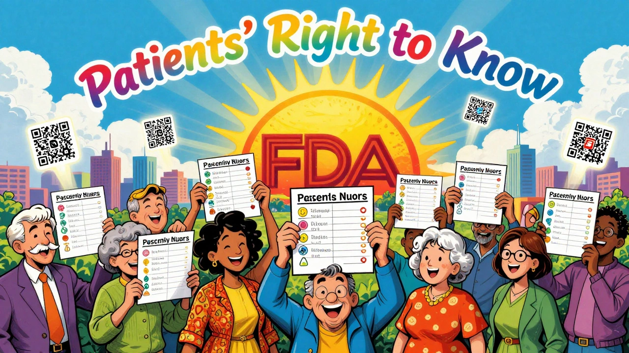 People hold personalized visual medication charts with color-coded times, while QR codes radiate light into a hopeful sky.