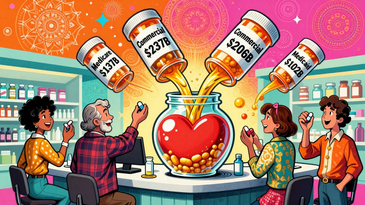 Prescription bottles pouring money into a heart-shaped jar, with smiling patients holding generic pills.